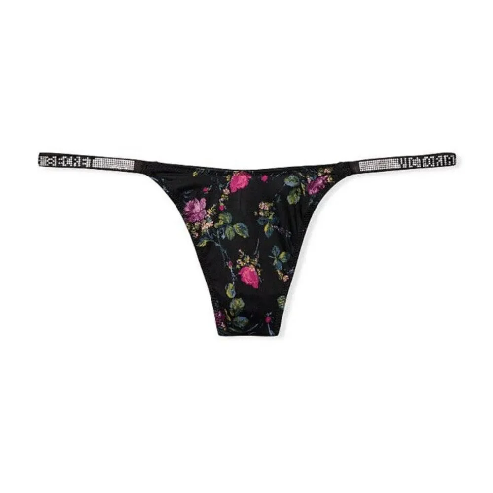 Victoria's Secret Bombshell Skinny Shine Strap V-String Panty Sz L Floral Black